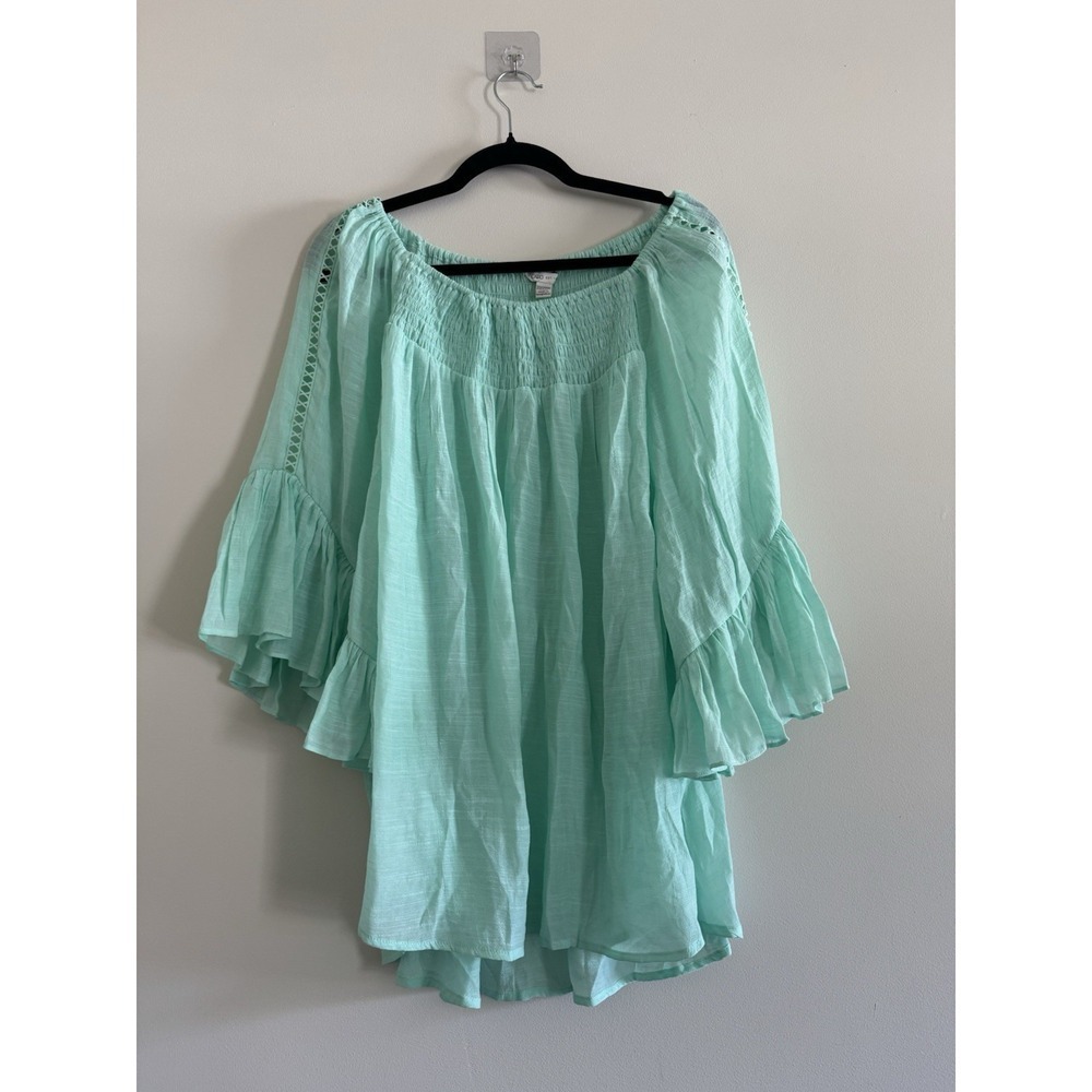 Cato Mint Green Smocked Crepe Poet Top Bell Sleeve Off Shoulder Blouse NWT